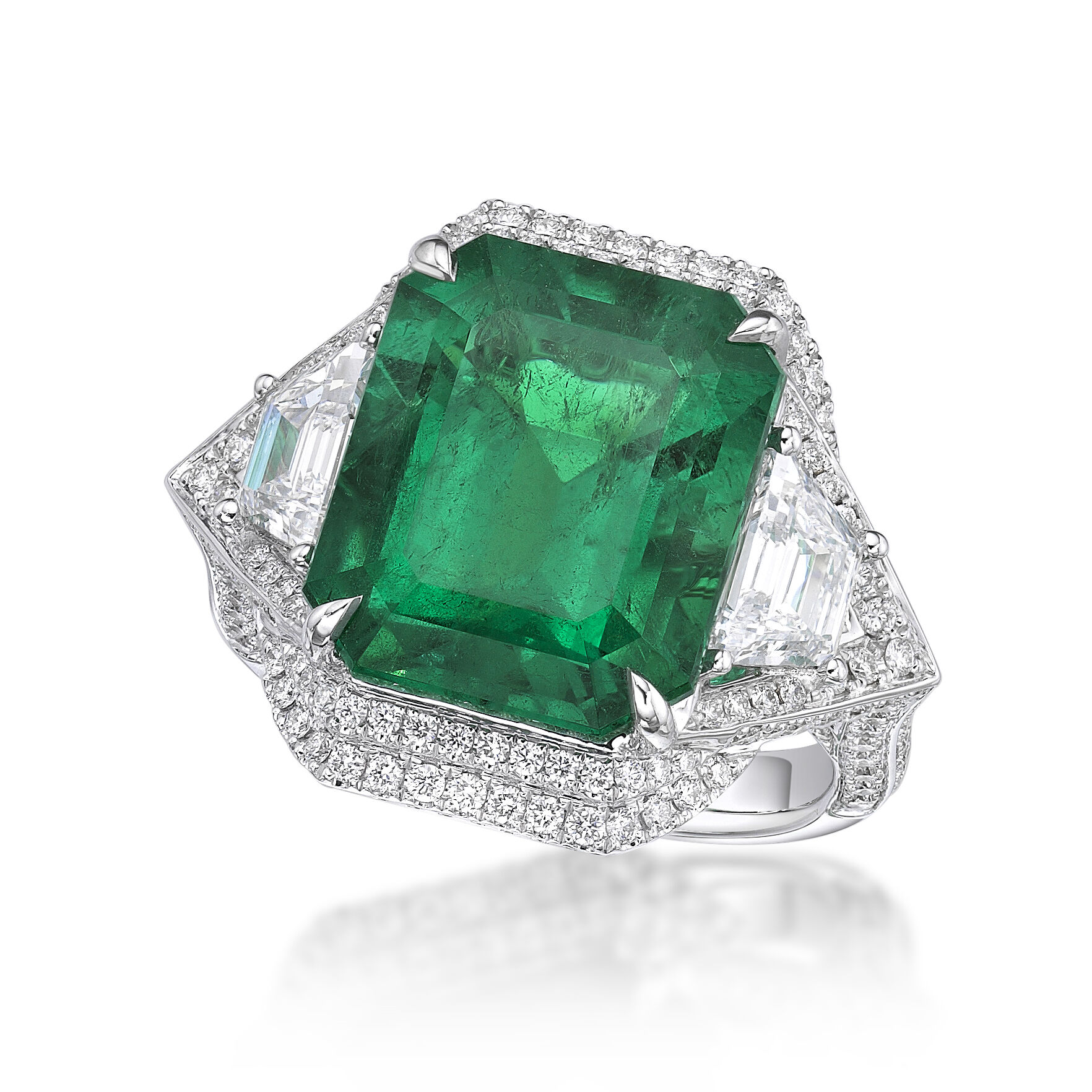 Salon Emerald and Diamond Halo Ring in White Gold Maison Birks